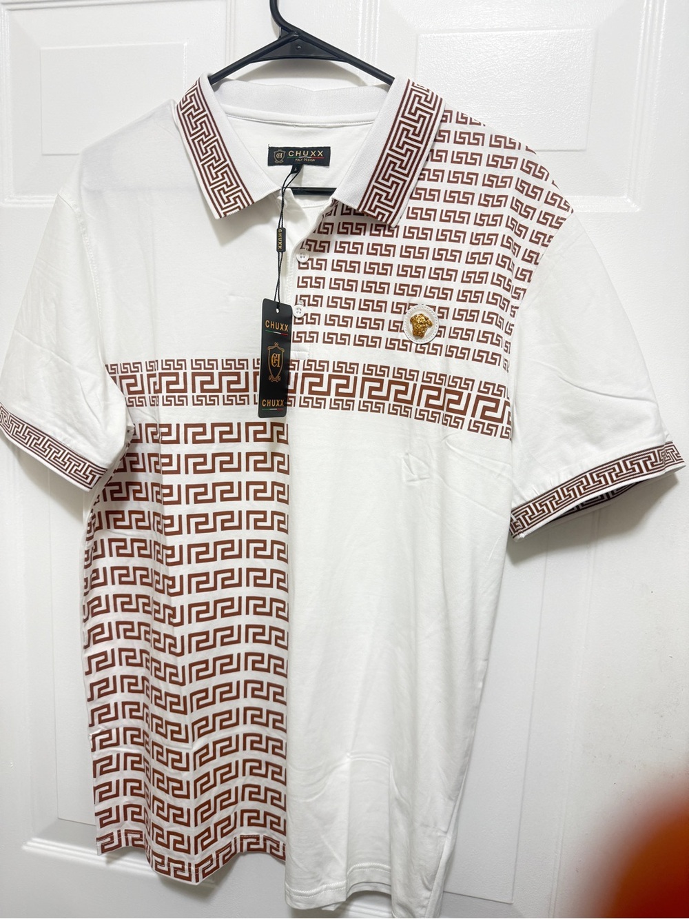 CHUXX Men’s White Polo with Brown Geometric Print